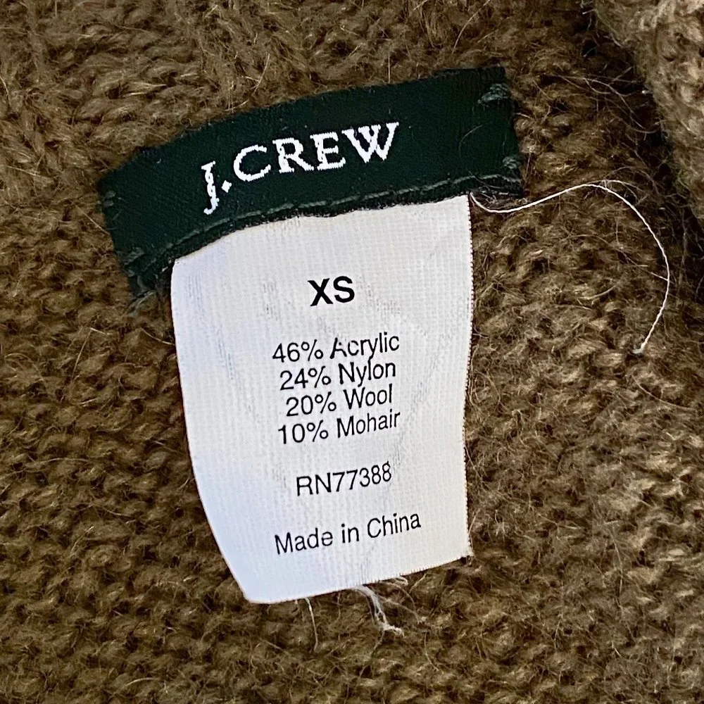 J. Crew Shawl Collar Mohair Sweater in Olive Green, XS
